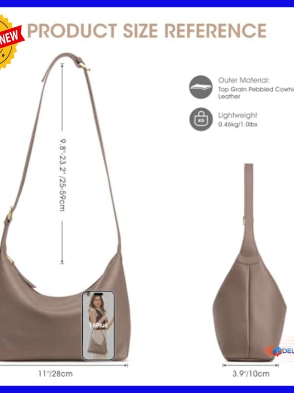 Medium Leather Hobo Crossbody Bag with Removable Strap for Work Casual - Picture 3 of 7